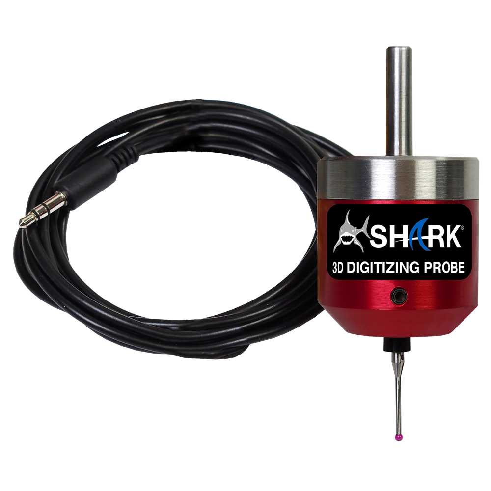 Red and silver 3D digitizing probe with cable and precision tip for CNC woodworking and tool applications