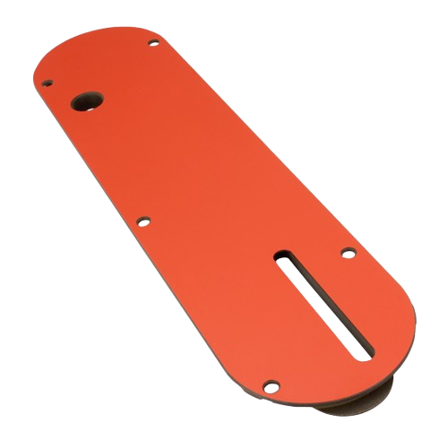 Orange phenolic zero clearance insert for table saw, featuring leveling screws, from saw accessories under $50 collection