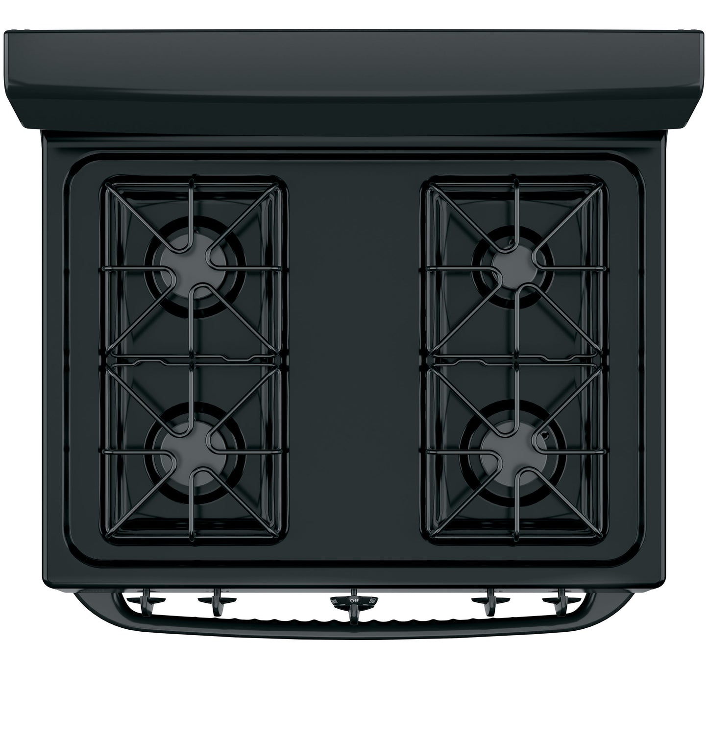 Top view of black gas range cooktop with four burners and heavy-duty grates in kitchen appliances collection