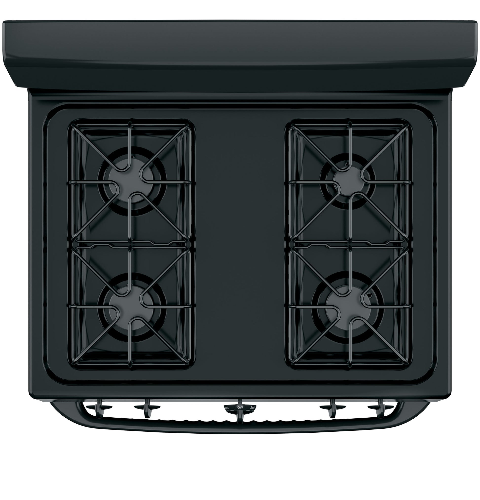Top view of black gas range cooktop with four burners and heavy-duty grates in kitchen appliances collection