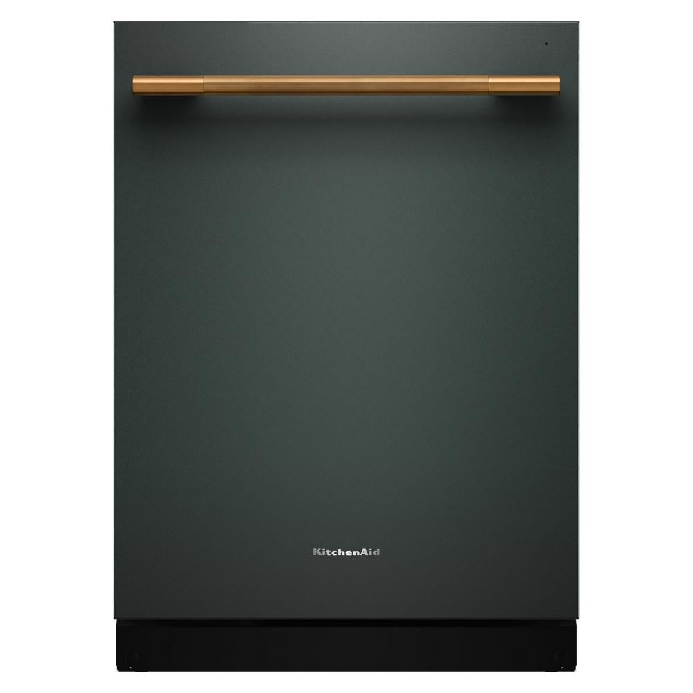 Dark green dishwasher with gold towel bar handle and minimalist design from KitchenAid Appliances collection.