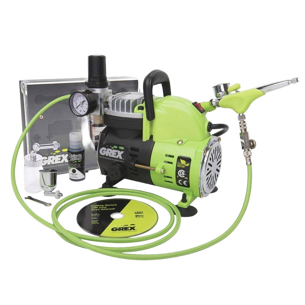 Green ergonomic side fed airbrush and compressor combo kit with hose, pressure gauge, and cleaning accessories for precision tools