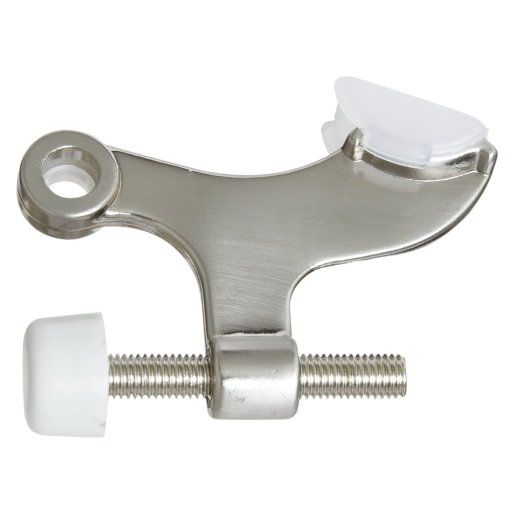 Satin nickel hinge pin door stop with plastic bumpers designed for hollow core doors in door accessory applications