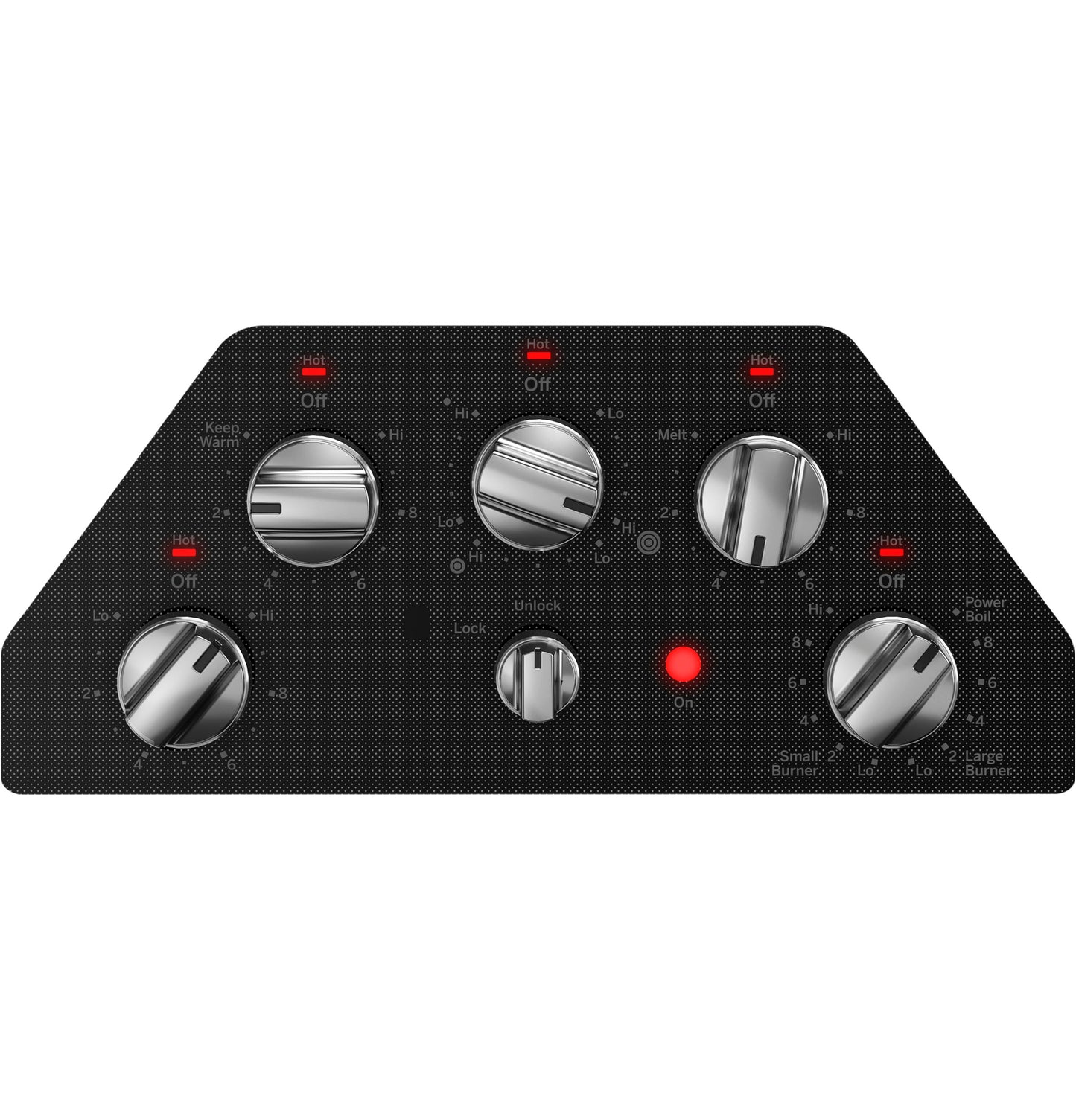 Control panel of electric cooktop with stainless steel knobs and indicator lights in kitchen appliances collection