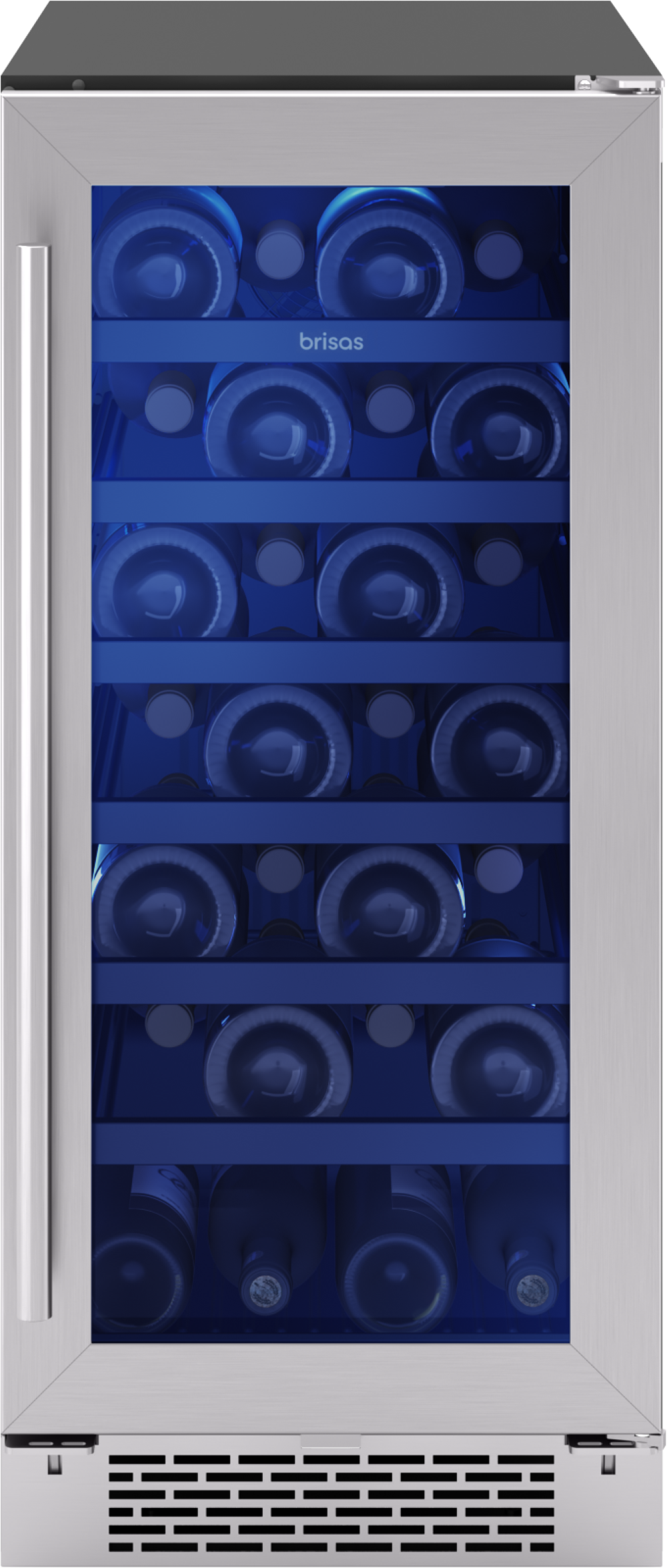 15-inch under-counter wine cooler with stainless steel frame and glass door illuminated by blue interior light, storing multiple wine bottles, part of Refrigerators, Kitchen & Kitchenware, Beverage Centers, and Appliances collections.