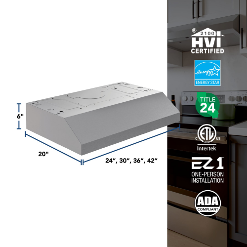 24" Under-Cabinet Range Hood, 350 MAX Blower CFM 1.5 Sones, 2 Speed