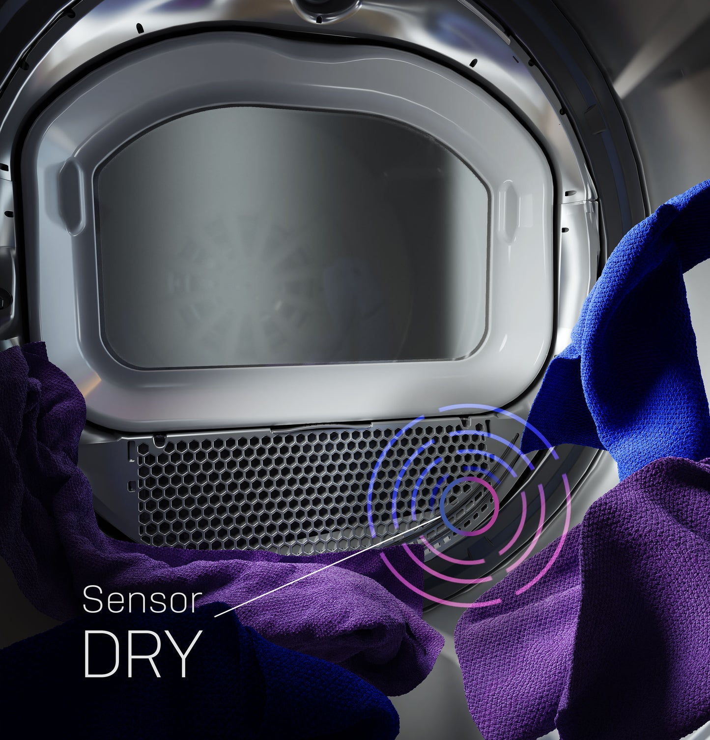 Interior view of smart aluminized alloy dryer drum with sensor dry technology and colorful fabrics inside from Dryers collection