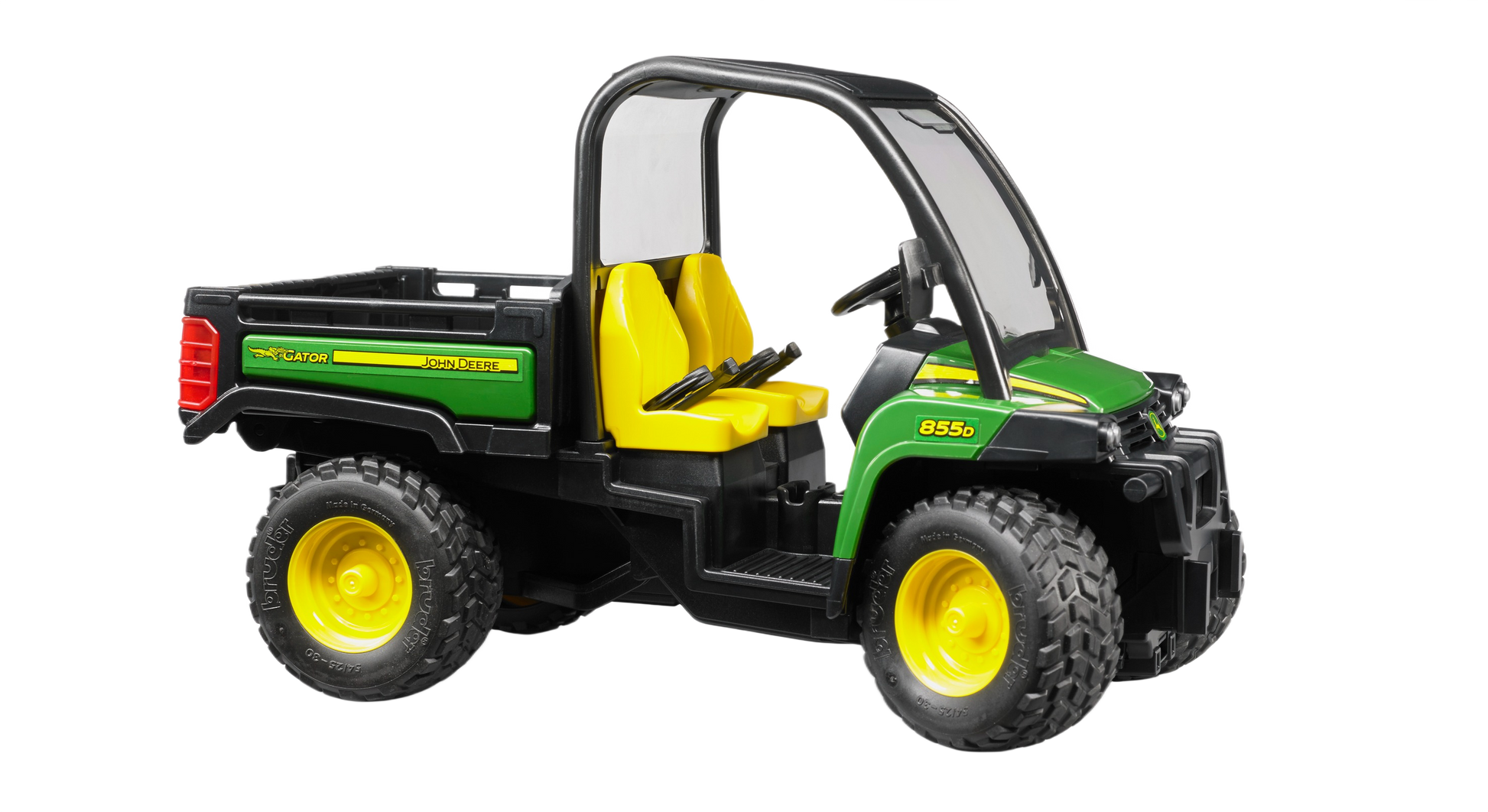 Green and yellow off-road utility vehicle toy with realistic details and seating for two children