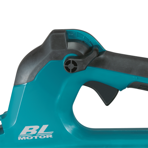 Teal cordless blower handle with black trigger and brushless motor label for tools and home improvement tasks