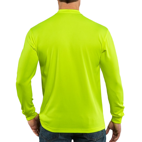 Men’s bright brite lime long-sleeve performance shirt in moisture-wicking polyester, part of Carhartt Force and high-visibility workwear collections.