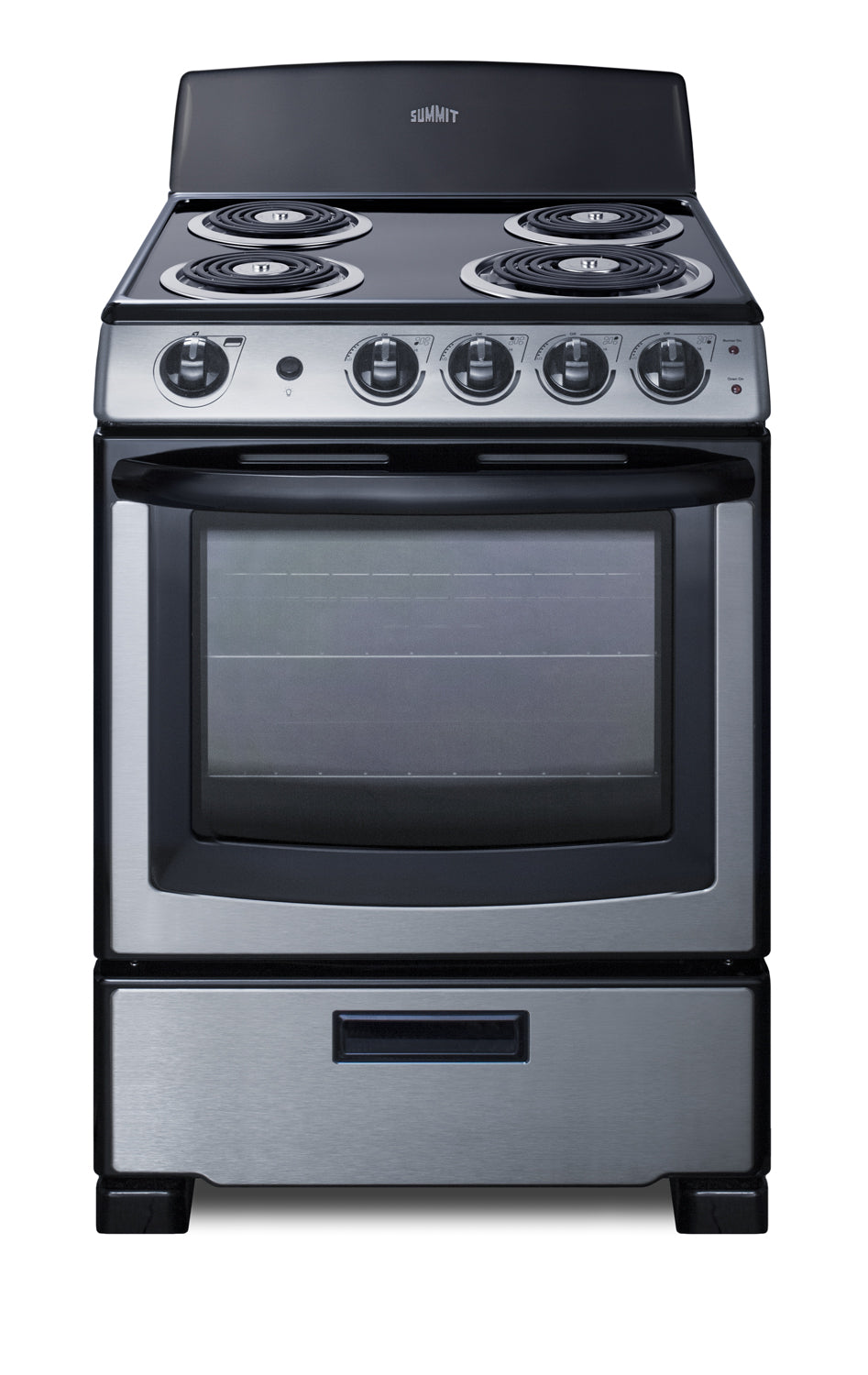 Compact electric coil range with stainless steel finish, four burners, control knobs, and oven window from Ranges collection