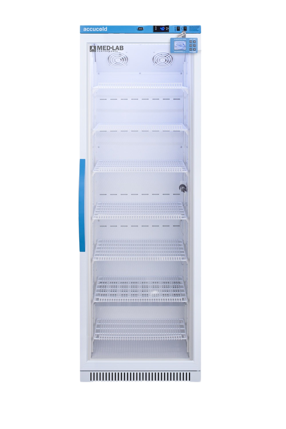 Upright laboratory refrigerator with clear glass door, wire shelves, and digital control panel in Appliances collection