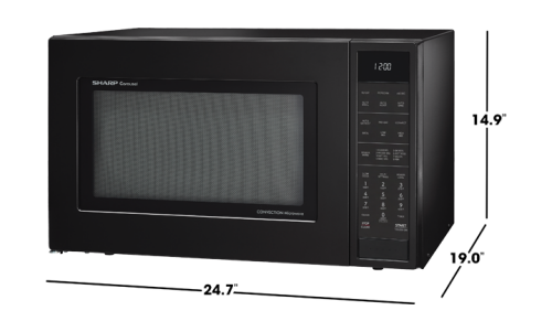 Black convection microwave oven with digital control panel for kitchen appliance use in home improvement setting