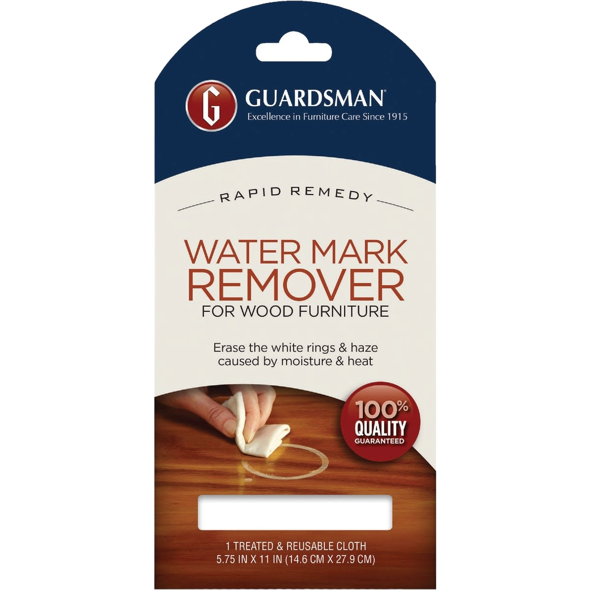 Packaging of water mark remover cloth for wood furniture showing cloth wiping a white water ring, part of cleaning tools collection