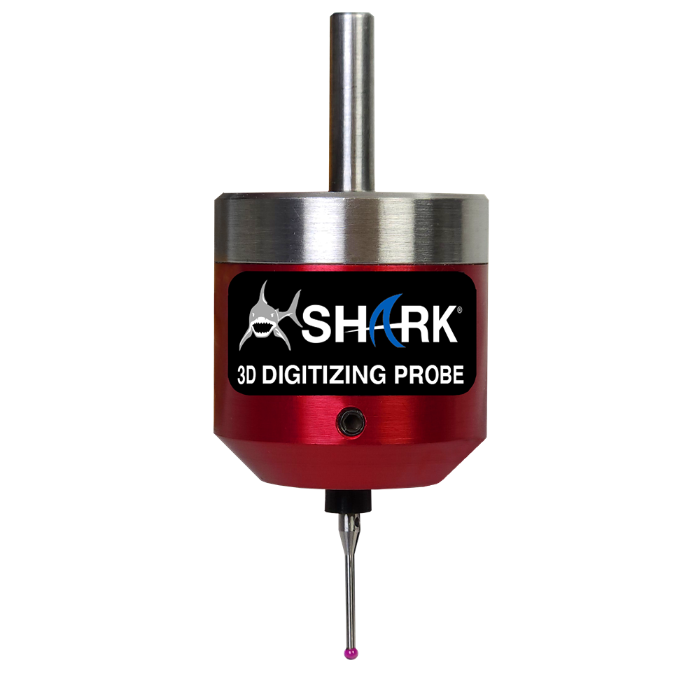 Red and silver CNC 3D digitizing probe tool with precision tip for woodworking and CNC applications