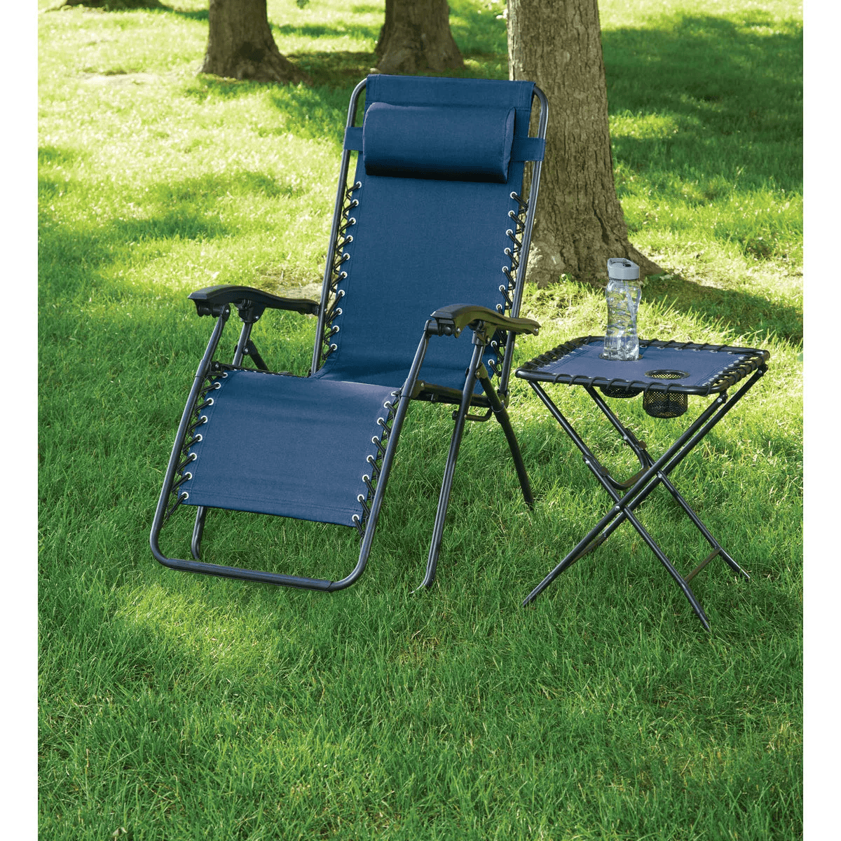 Blue convertible zero gravity outdoor lounge chair with padded headrest and black steel frame paired with matching folding side table on lawn for patio living.