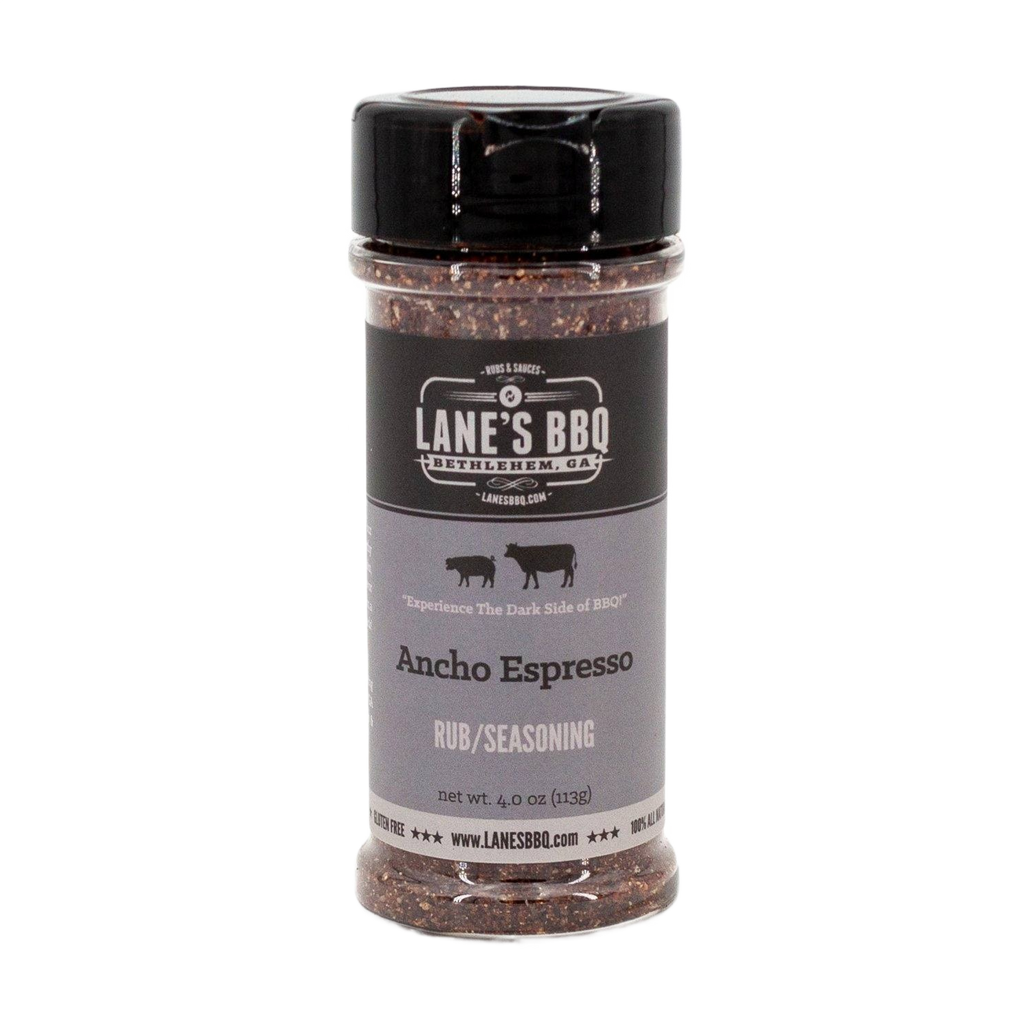 Bottle of Lane's Ancho Espresso BBQ Rub in 4 oz size for grilling and outdoor cooking under $50 collection