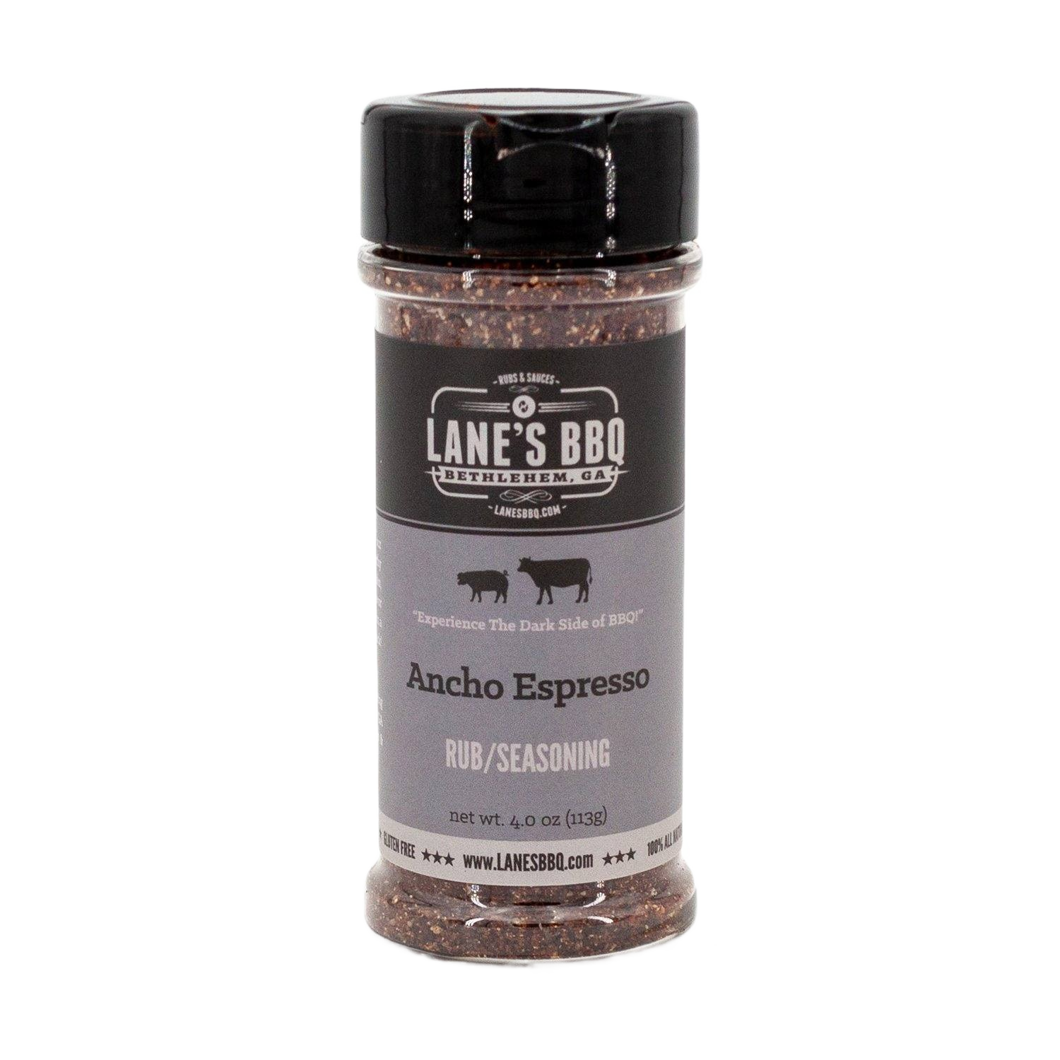 Bottle of Lane's Ancho Espresso BBQ Rub in 4 oz size for grilling and outdoor cooking under $50 collection