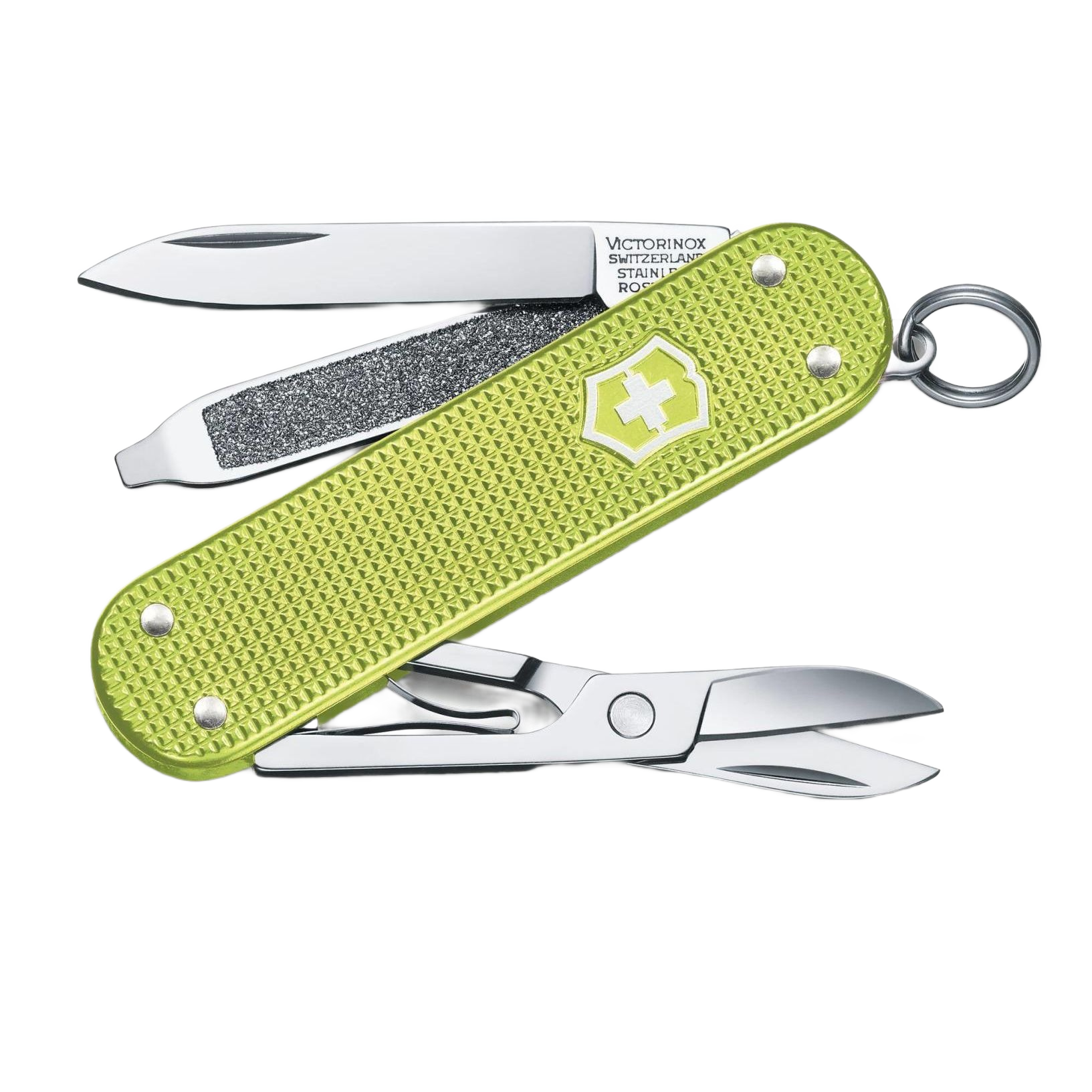 Lime green Victorinox Swiss Army pocket knife with blade, scissors, nail file, keyring, and multi-tool features for hand and woodworking tools
