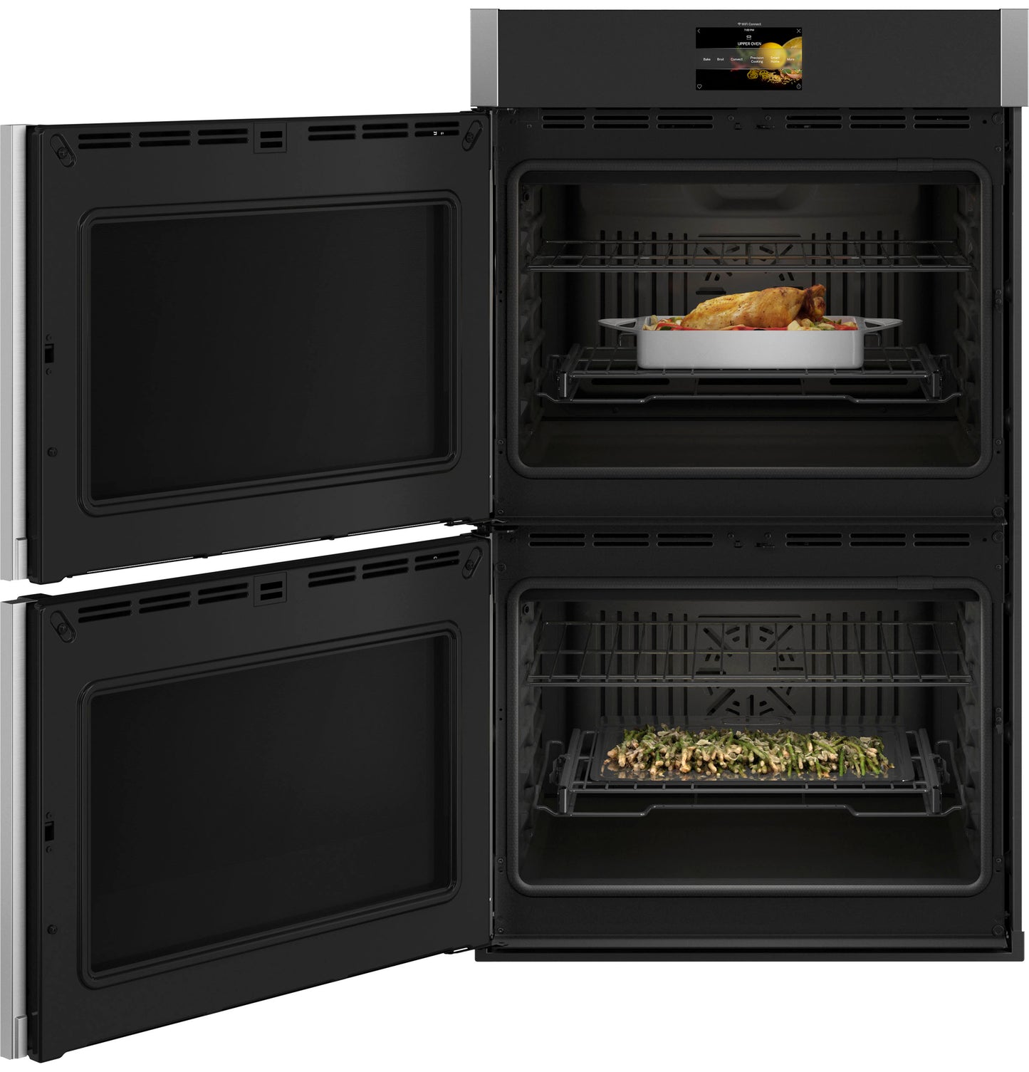 Built-in convection double wall oven with left side-swing doors, roasting chicken and vegetables inside appliances collection