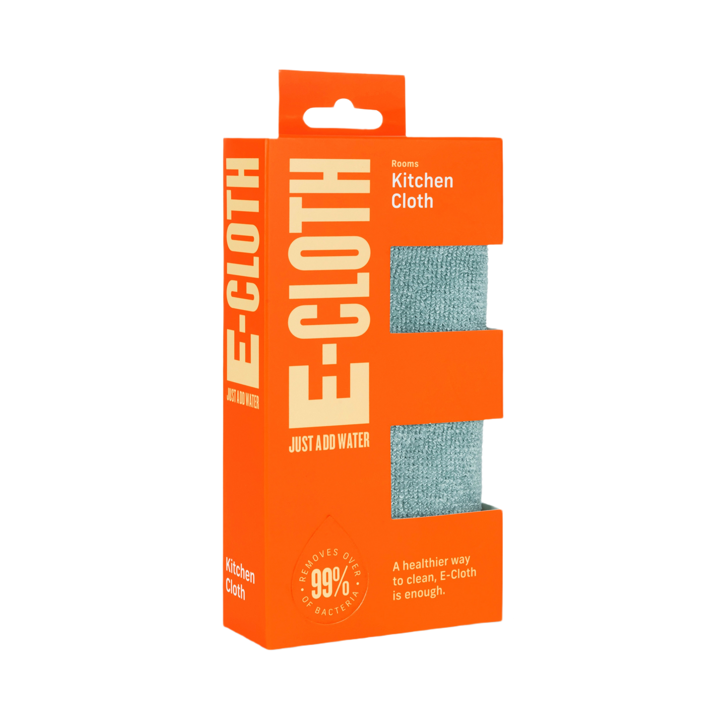 Orange retail packaging of E-Cloth kitchen cleaning cloth with visible gray fiber cloth for cleaning tools and home improvement.