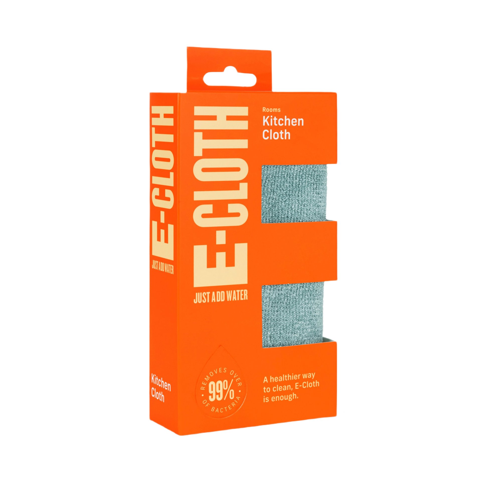 Orange retail packaging of E-Cloth kitchen cleaning cloth with visible gray fiber cloth for cleaning tools and home improvement.