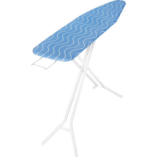 Adjustable ironing board with blue patterned cover and white metal frame for laundry and household tasks