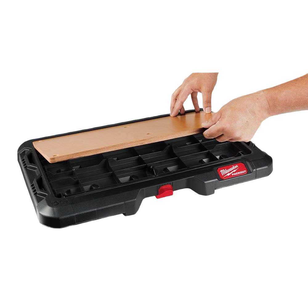 Customizable work surface with marine grade wood top and rugged polymer base for tool storage and workshop use