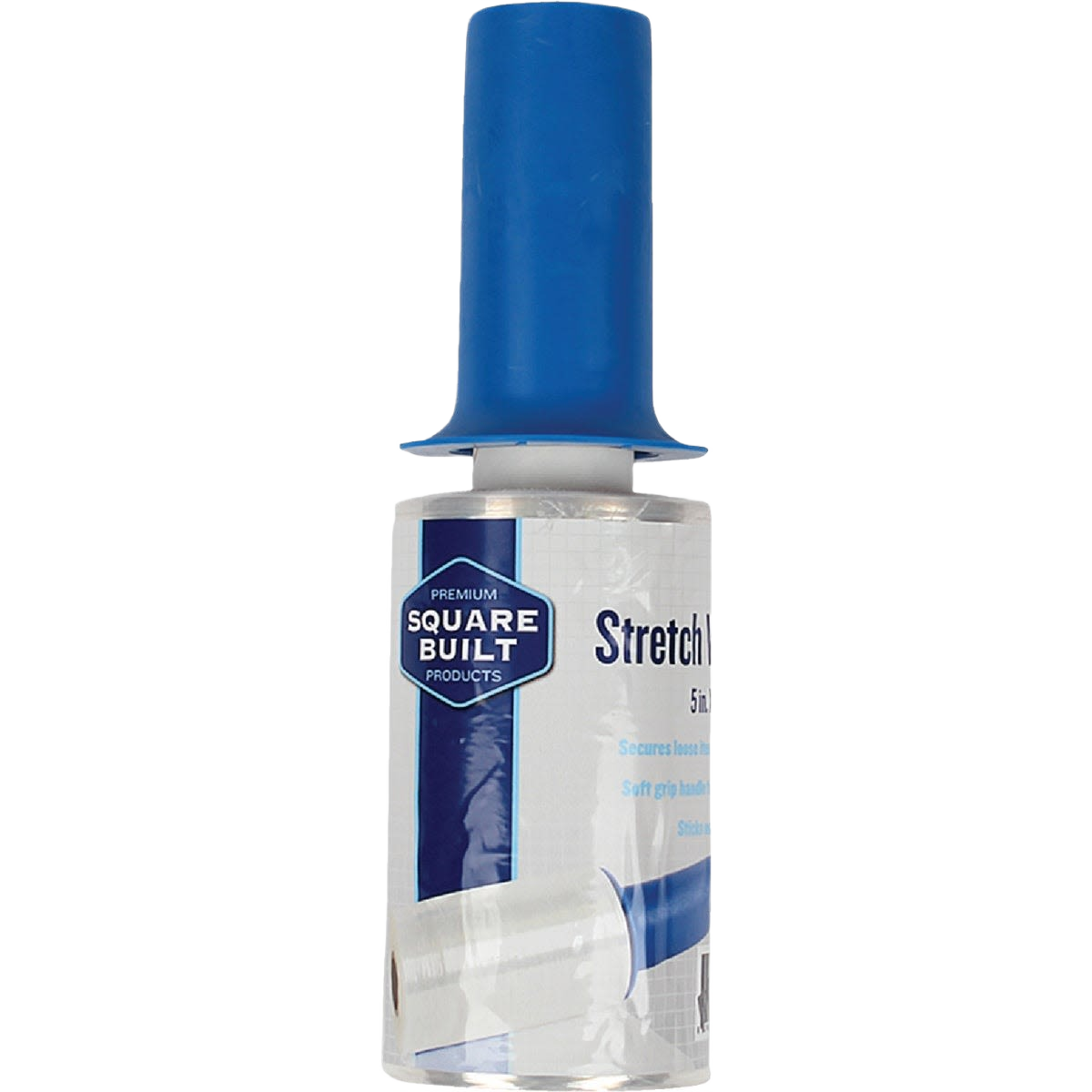 Blue handle stretch wrap dispenser with 5-inch clear stretch film roll for home improvement and packaging tasks