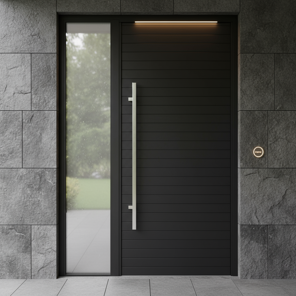 Entryway featuring a modern black door with horizontal paneling, a tall silver handle, a slim vertical window, and a circular illuminated doorbell on textured gray stone walls.