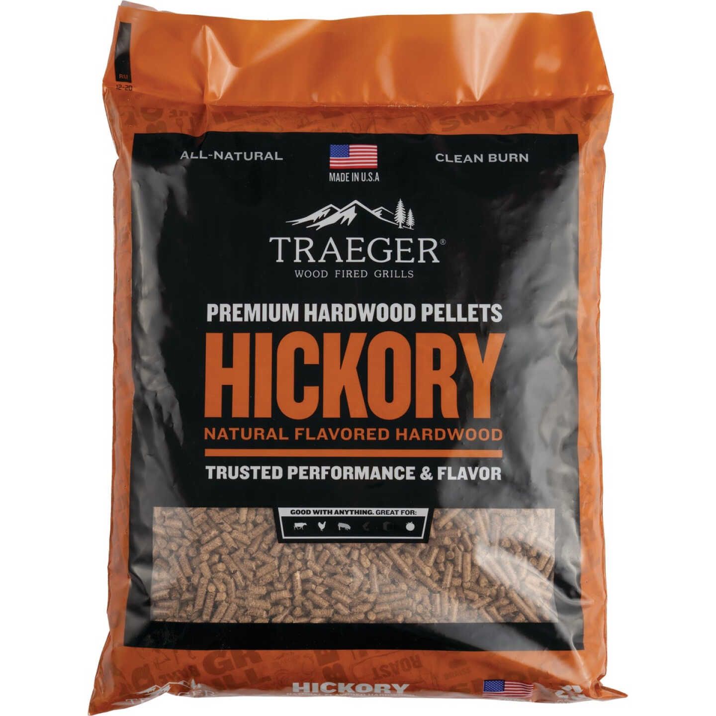 Bag of Traeger natural flavored hickory hardwood pellets for wood-fired grilling and smoking tasks