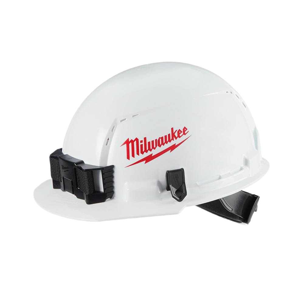 White hard hat with front brim and ventilation, featuring Milwaukee branding and 4-point ratcheting suspension for safety gear collections