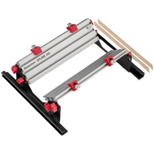Adjustable aluminum spline jig with red knobs and black support frame for precise home improvement woodworking tasks