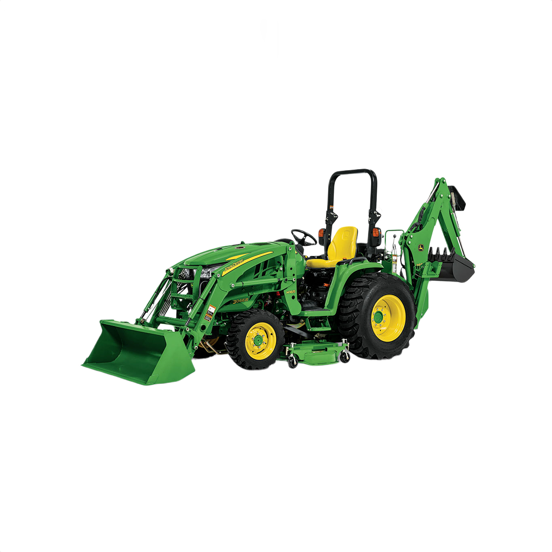 Green compact utility tractor with yellow seat, front loader, and rear backhoe for landscaping and home improvement tasks