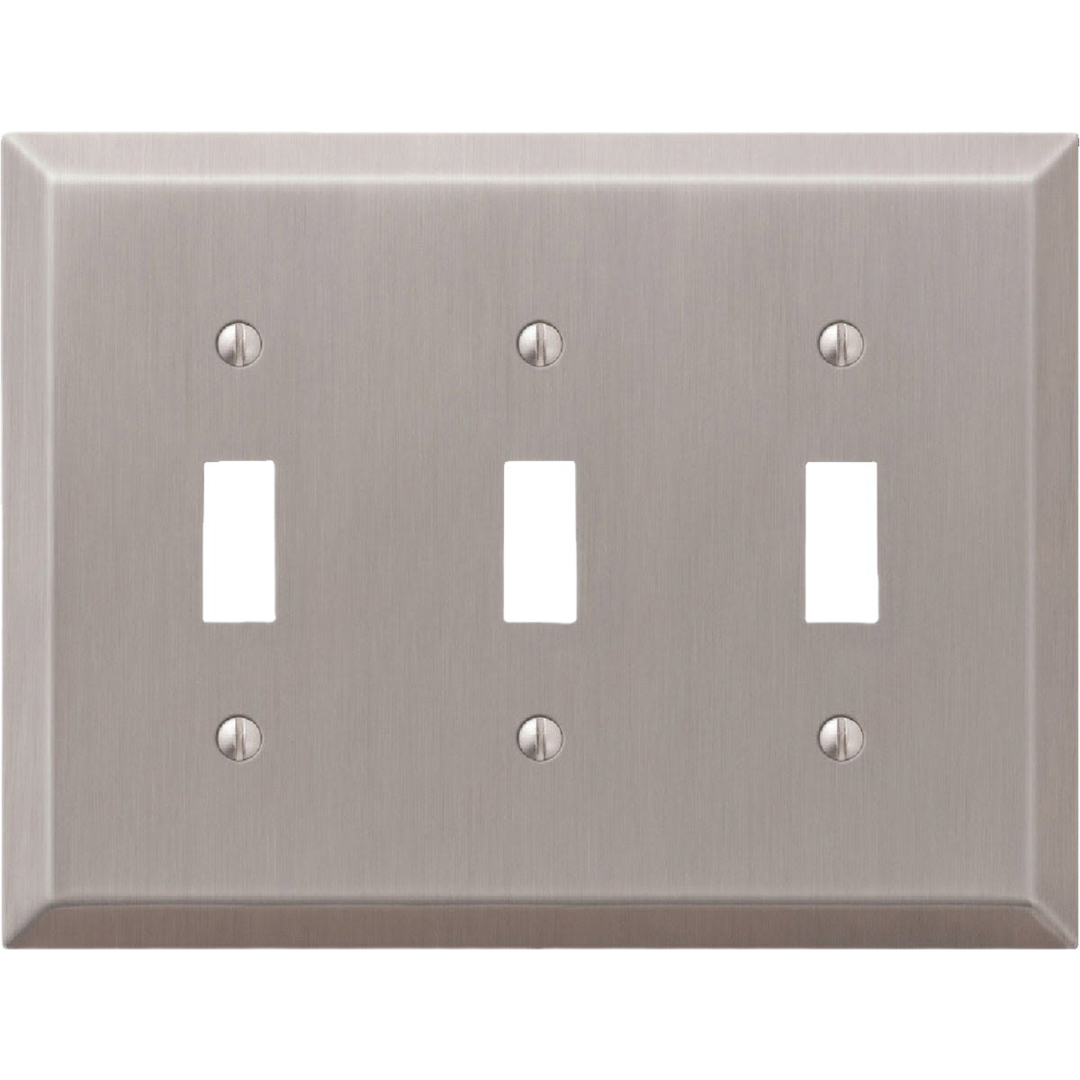 Brushed nickel 3-gang toggle wall plate in stamped steel for electrical outlets and home improvement tools collections