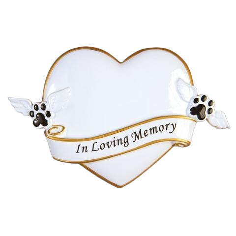 White heart-shaped ornament with gold trim and winged paw prints reading In Loving Memory from Christmas Ornaments collection