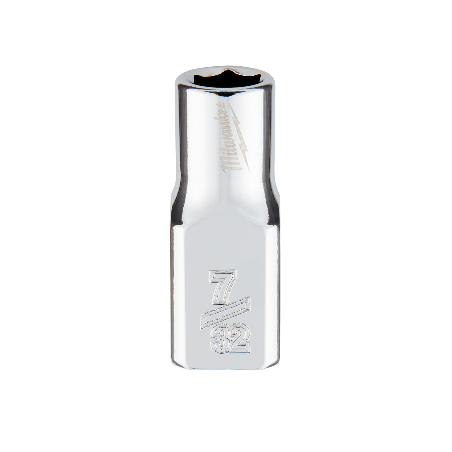 Chrome-finished 7/32 inch 6-point socket with four flat sides for hand tools, part of Milwaukee woodworking and home improvement collections