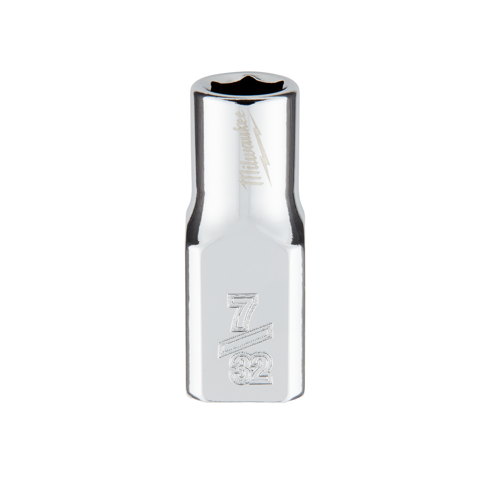 Chrome-finished 7/32 inch 6-point socket with four flat sides for hand tools, part of Milwaukee woodworking and home improvement collections