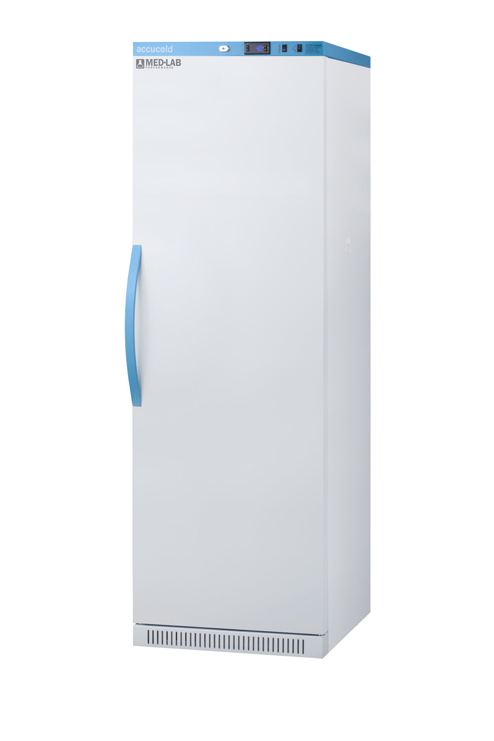 Tall white upright laboratory refrigerator with blue handle and digital control panel in Refrigerators collection