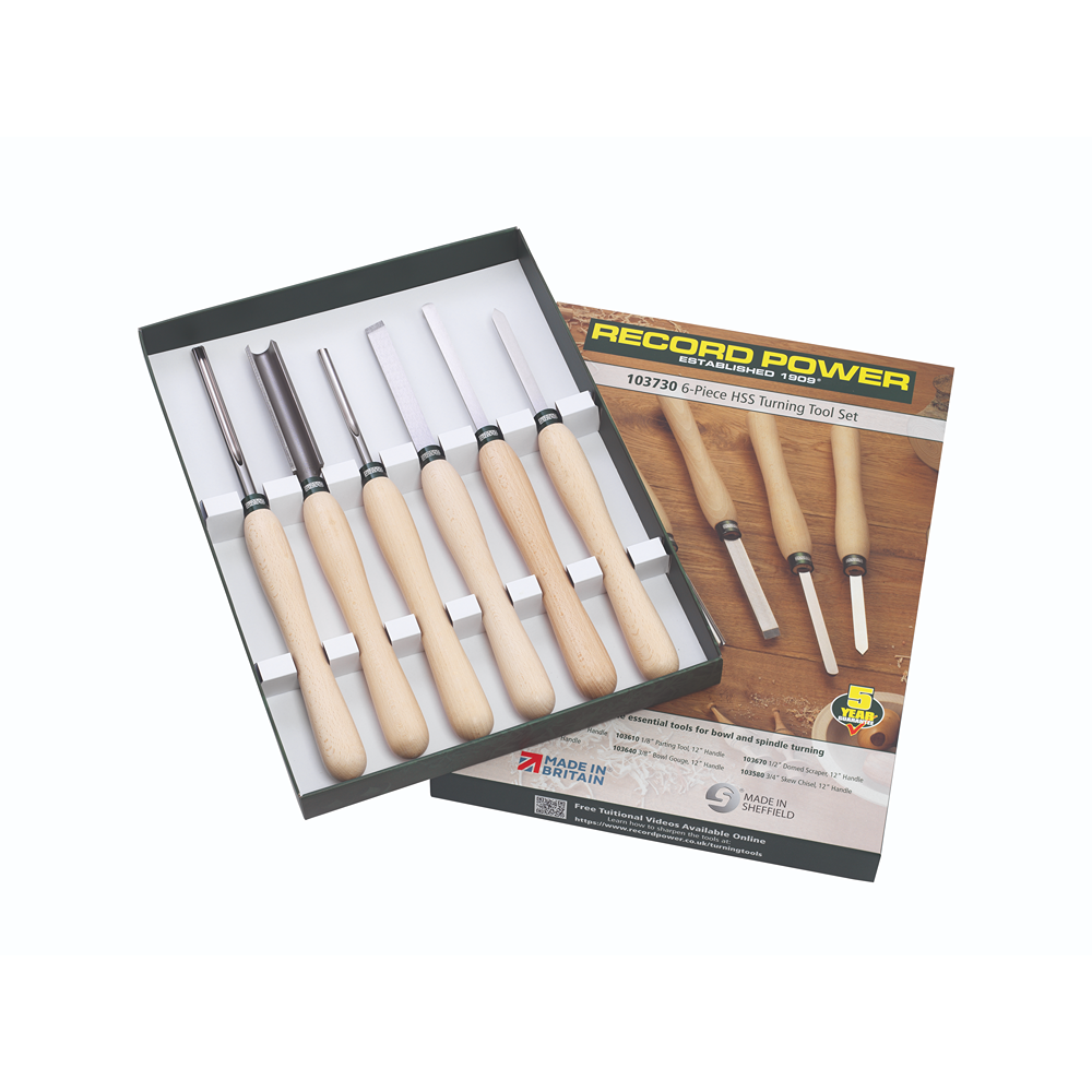 Six-piece woodturning tool set with 12-inch beech handles displayed in box with instructional booklet for woodworking projects