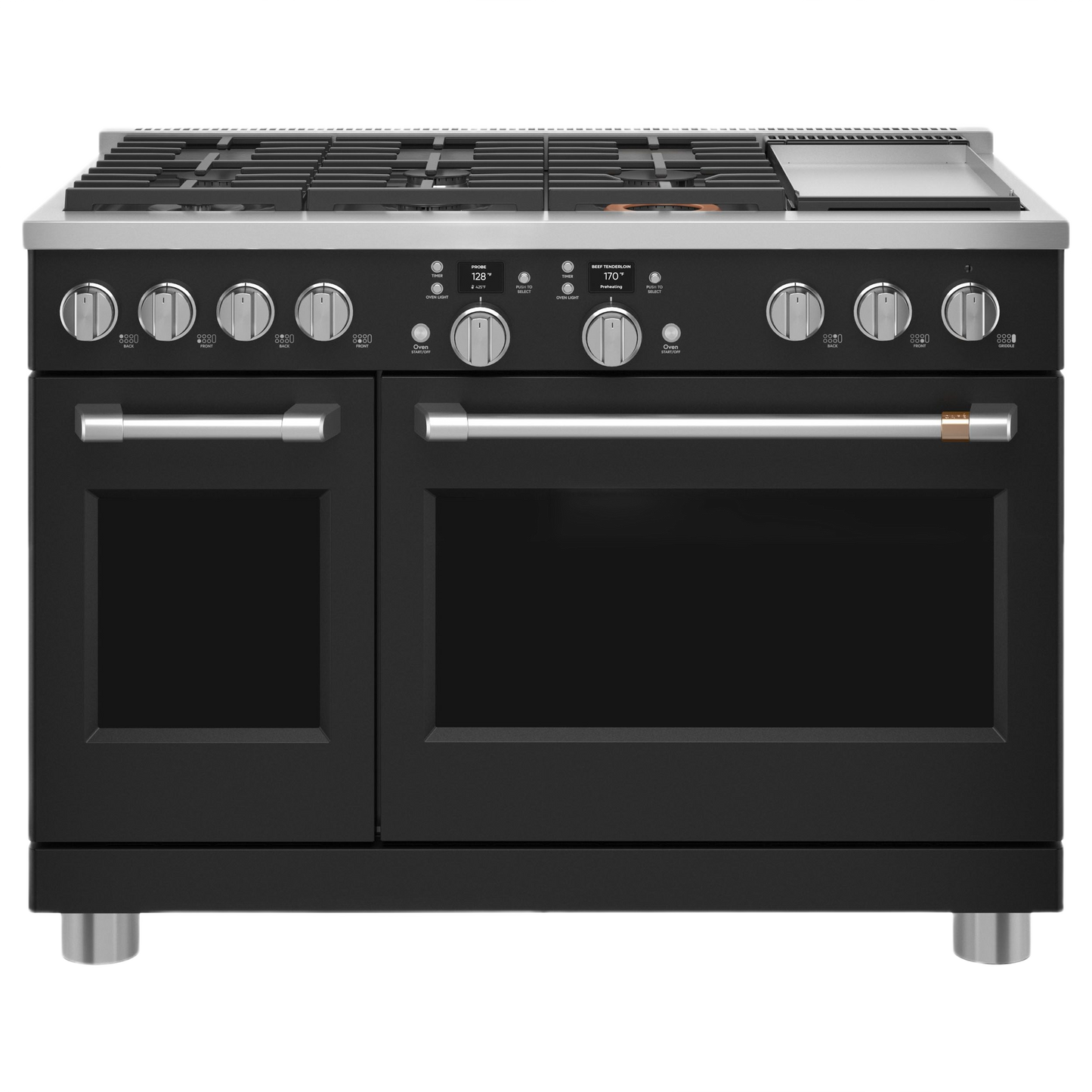 48-inch dual-fuel commercial-style range with six burners, griddle, and black stainless steel finish for kitchen use