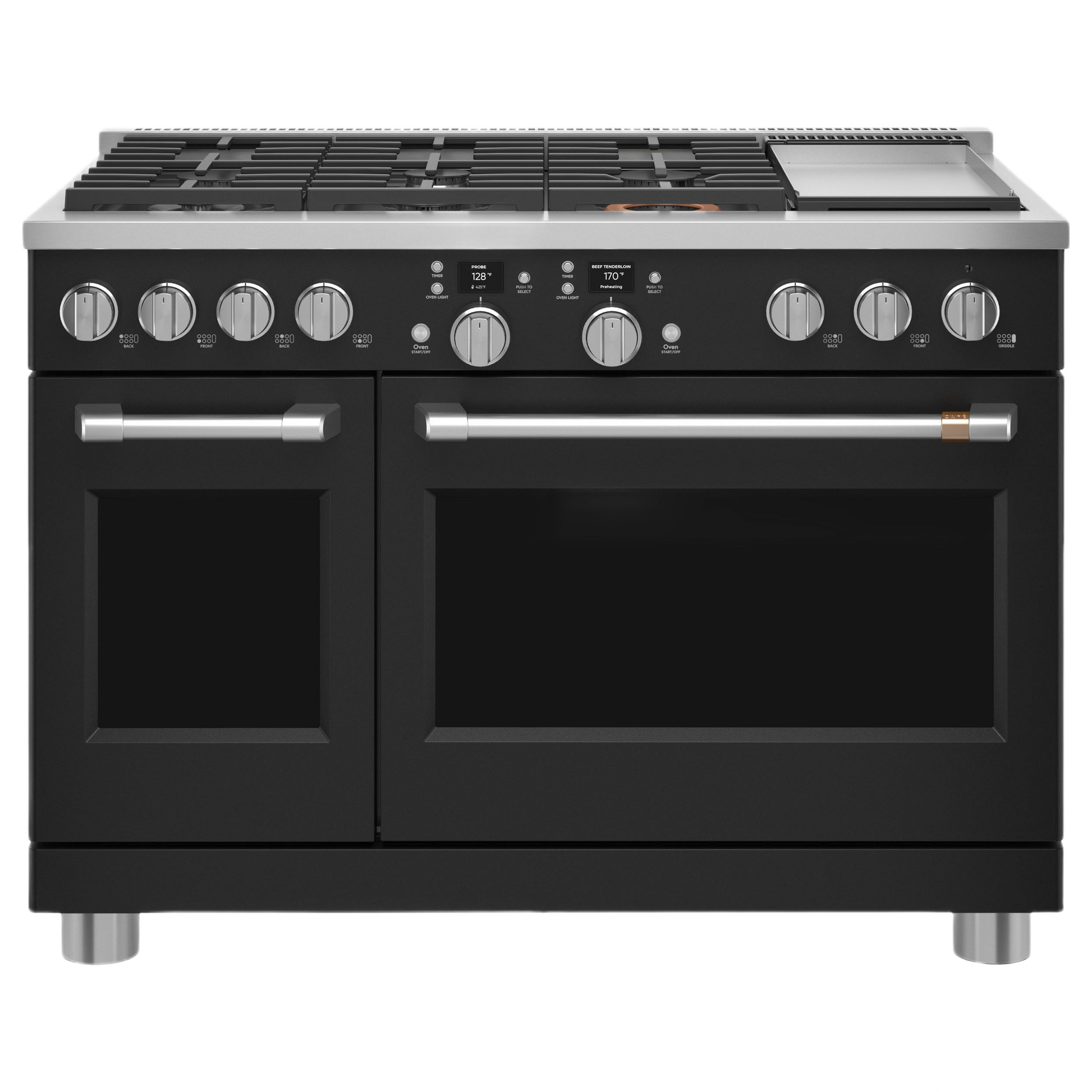 48-inch dual-fuel commercial-style range with six burners, griddle, and black stainless steel finish for kitchen use
