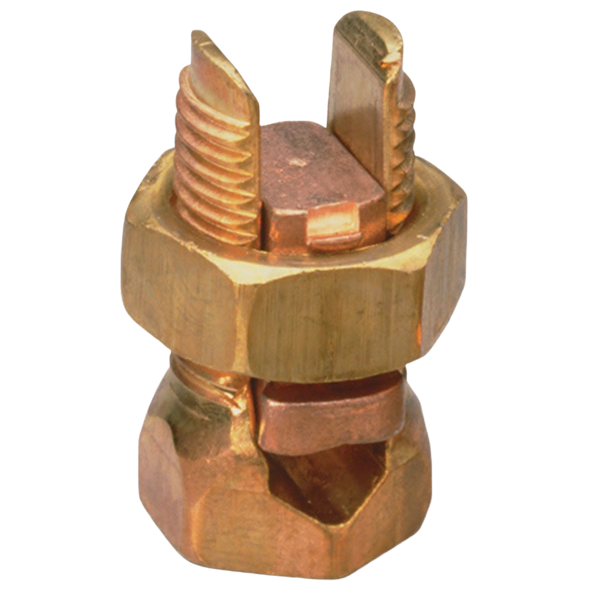 Close-up of a copper split bolt connector for electrical wiring in home improvement and electrical tool collections