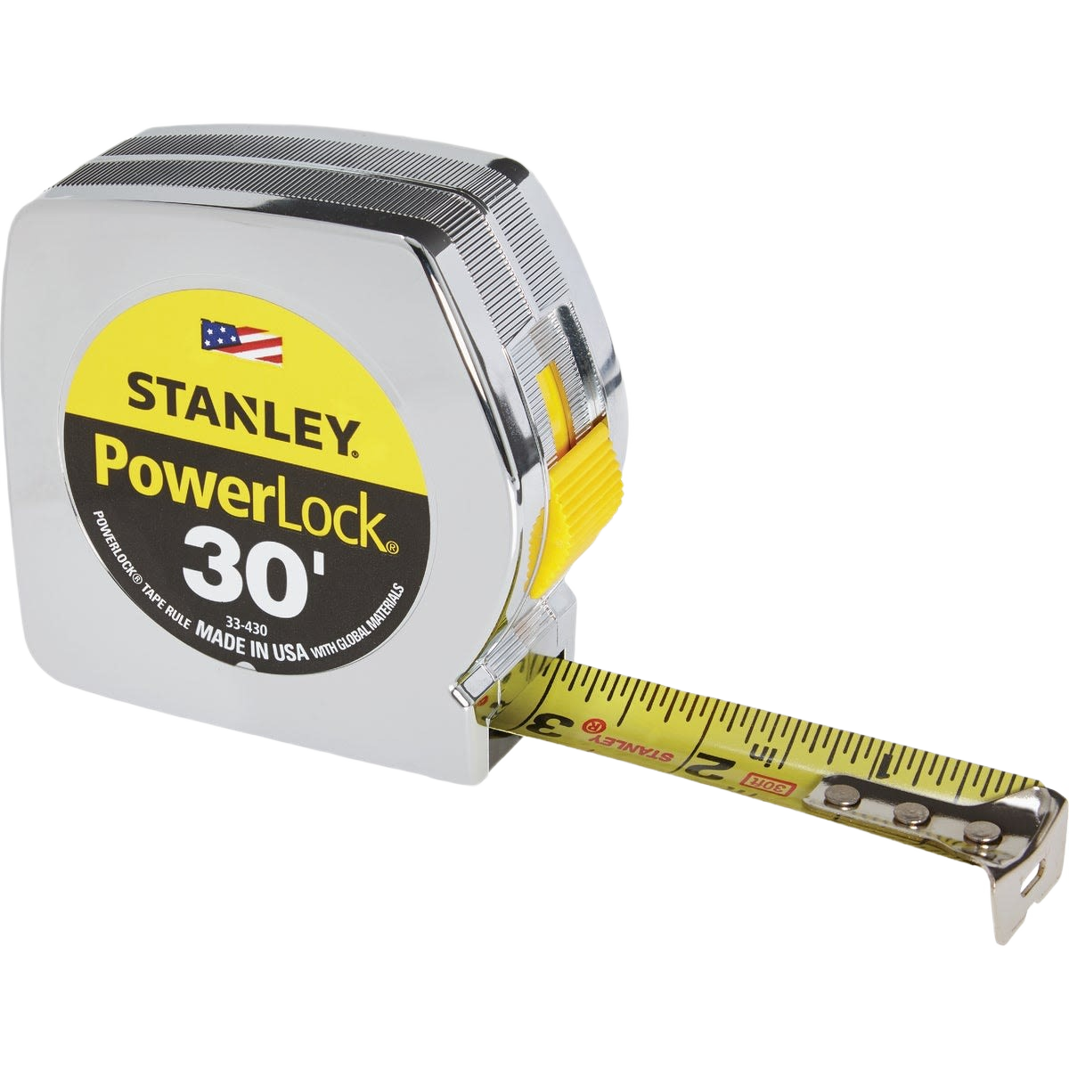 Chrome Stanley PowerLock 30ft tape measure with yellow blade and push-button lock for woodworking and measuring tools collections
