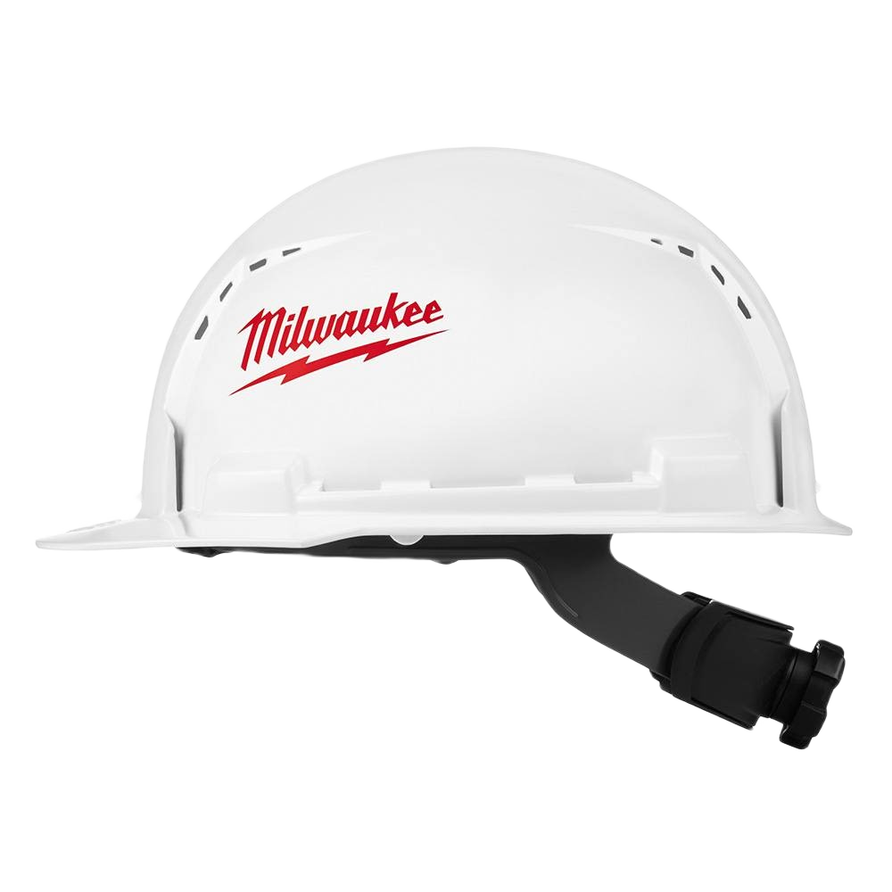 White vented hard hat with front brim and adjustable 4-point suspension for safety and protective headgear collections