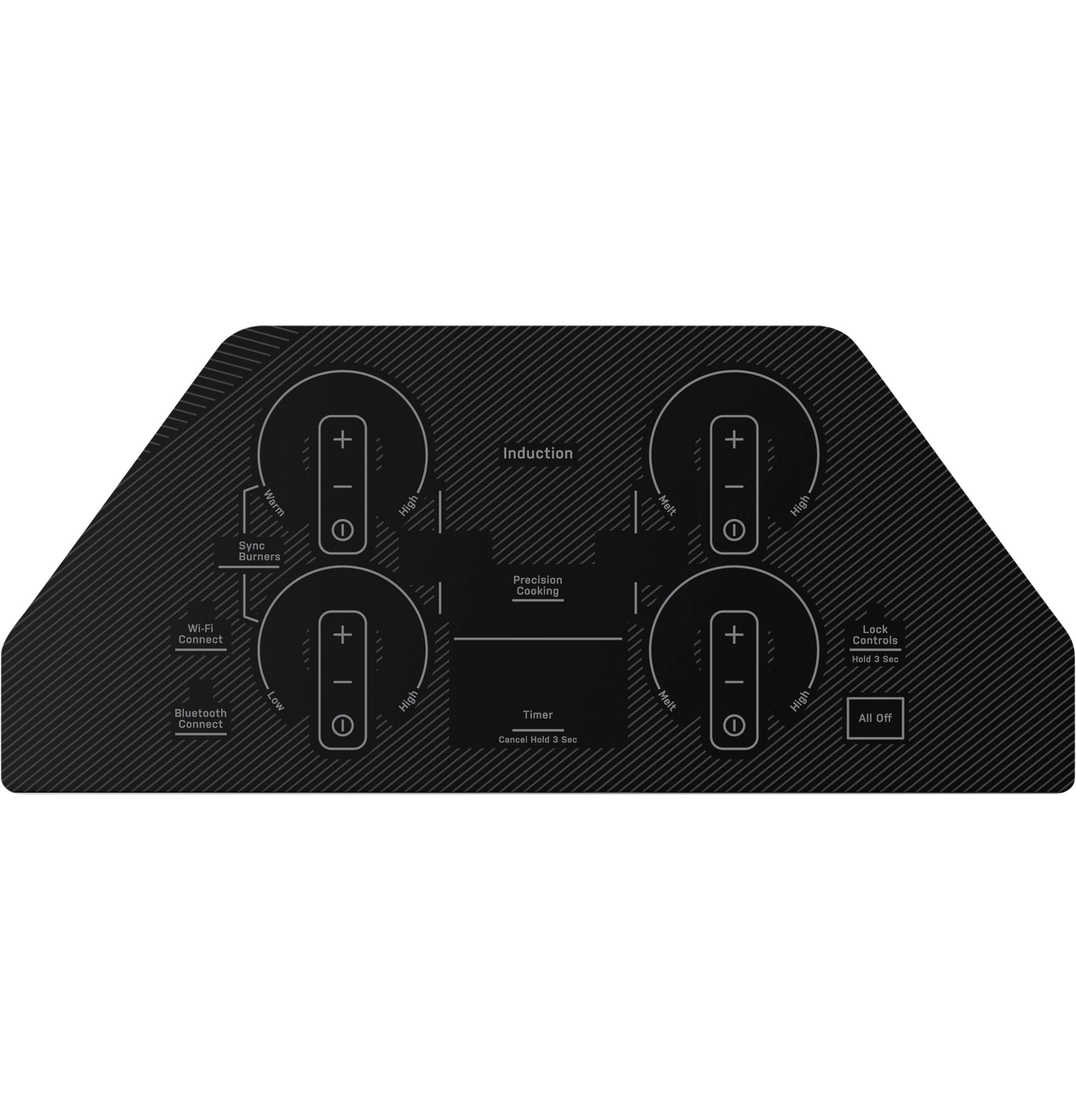 Black induction cooktop control panel with four cooking zones and touch buttons for precision cooking and home improvement collections