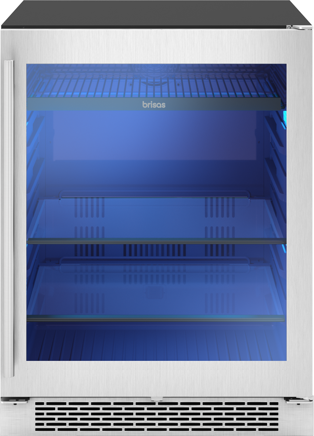 Undercounter beverage cooler with brushed stainless steel frame, glass door, blue interior lighting, and multiple adjustable shelves for kitchen and beverage centers.