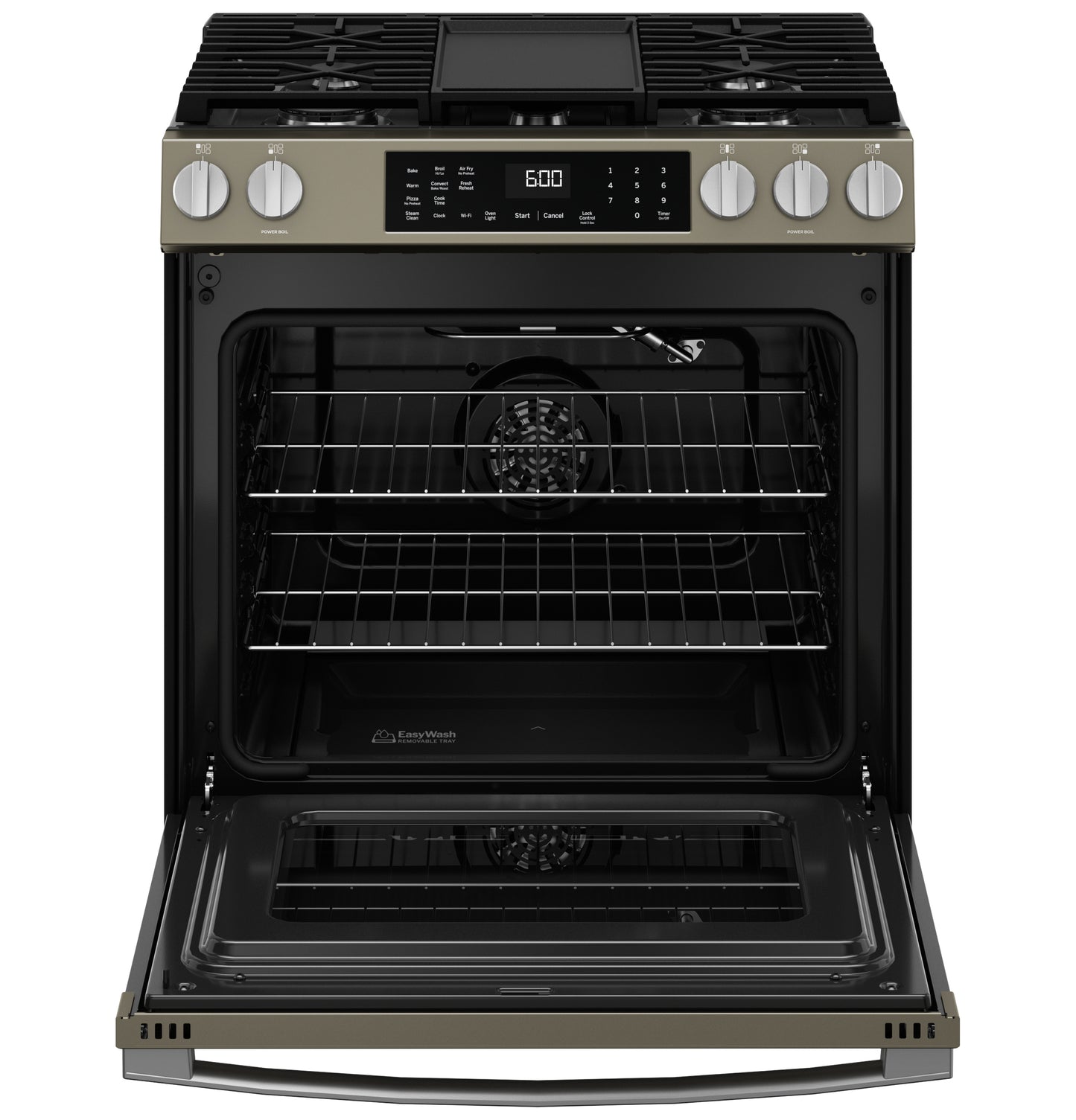 Slide-in gas range with front controls, convection oven, EasyWash™ tray, and black interior in kitchen appliances collection