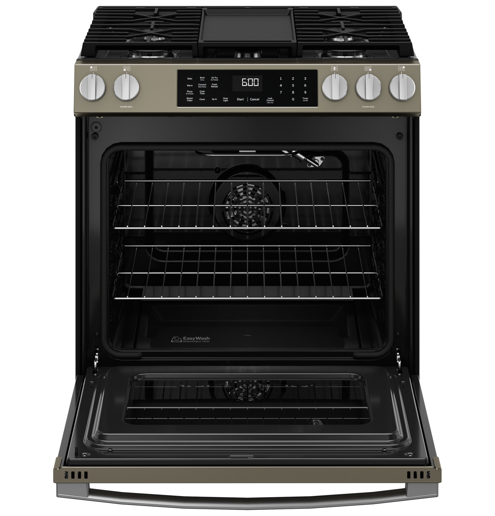 Slide-in gas range with front controls, convection oven, EasyWash™ tray, and black interior in kitchen appliances collection