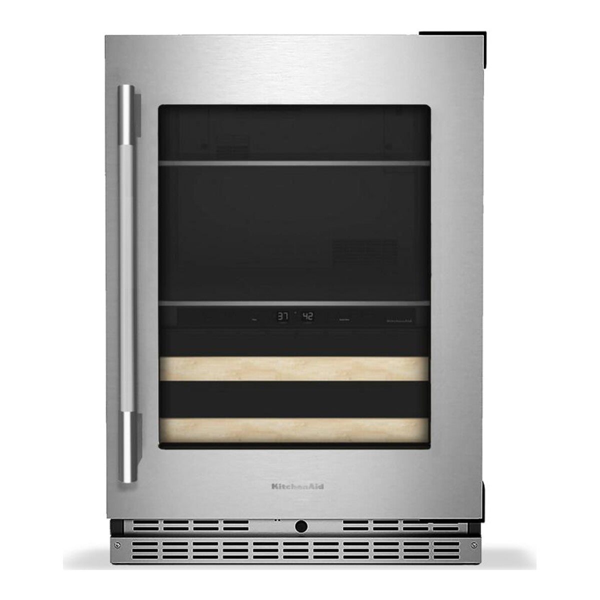 4.8 Cu. Ft. 24-Inch Beverage Center with Right Door Swing and 14-Wine Bottle Capacity with Wood-Front Racks in PrintShield® Stainless Steel